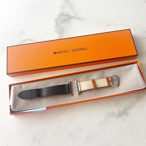 Hermes Accessories - HERMES Apple Watch 44mm Tri-Color 45mm White/Black Single Tour Leather Band